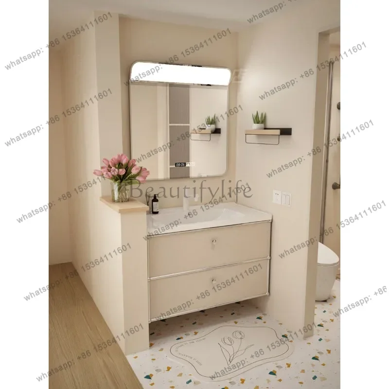 Stainless steel bathroom cabinet combination ceramic integrated basin washstand cream wind
Stainless steel bathroom cabinet combination ceramic integrated basin washstand cream wind