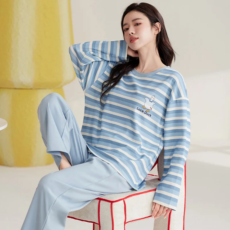 Spring autumn 2 pieces Pyjamas Set Women Tops Thin Cotton Round Neck Girls Pajamas Sets stripe Sleepwear Clothes Pijamas Mujer
Spring autumn 2 pieces Pyjamas Set Women Tops Thin Cotton Round Neck Girls Pajamas Sets stripe Sleepwear Clothes Pijamas Mujer