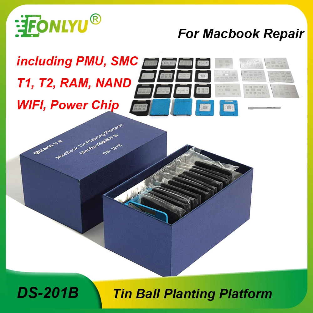 DS-201B Tin Planting Platform BGA Reballing Stencil for Macbook PMU SMC T1 T2 RAM NAND WIFI Power Chip Rework Motherboard Repair
DS-201B Tin Planting Platform BGA Reballing Stencil for Macbook PMU SMC T1 T2 RAM NAND WIFI Power Chip Rework Motherboard Repair