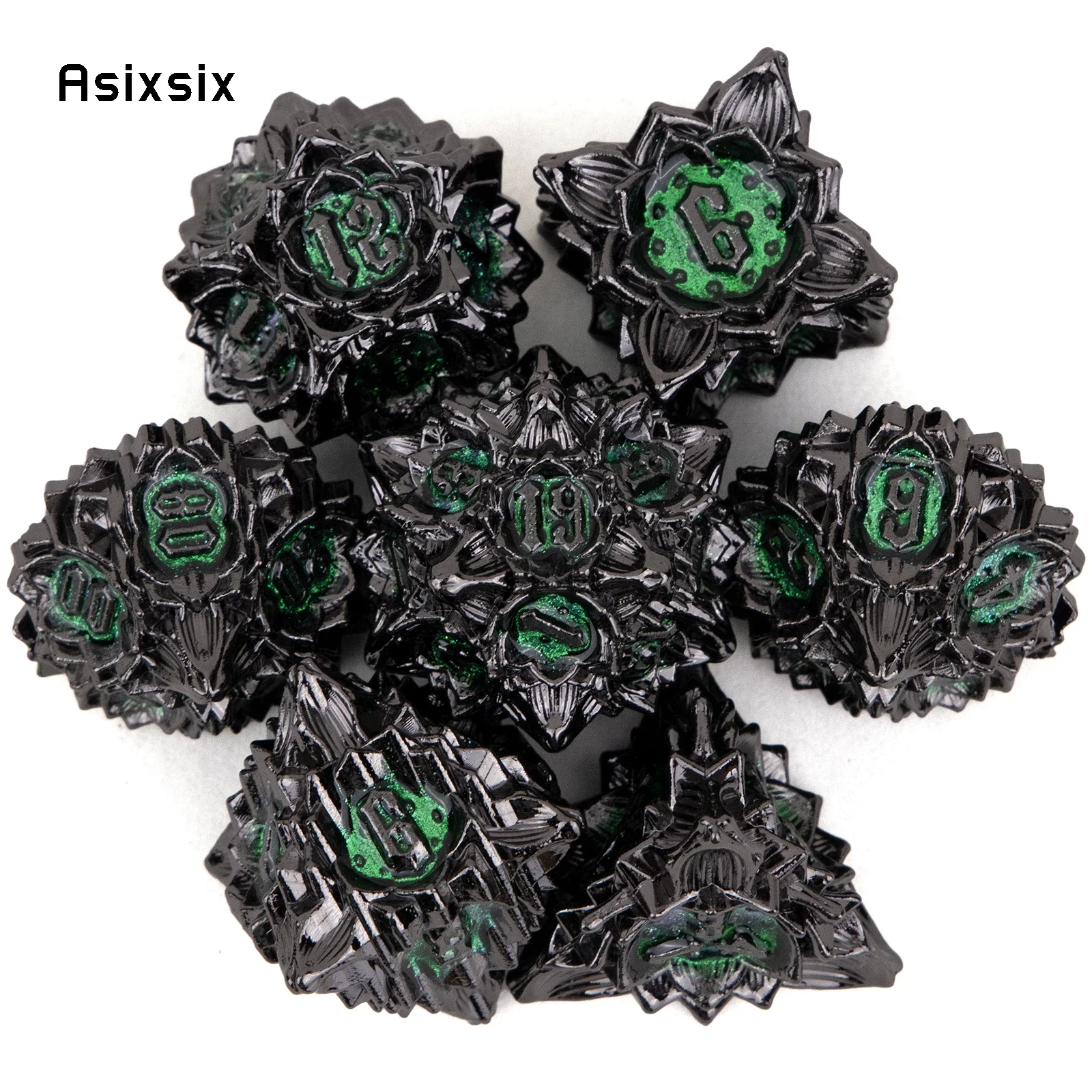 7 Pcs Black Green Lotus Flower Metal Dice Solid Metal Polyhedral Dice Set Suitable for Role-Playing RPG Board Game Card Game
7 Pcs Black Green Lotus Flower Metal Dice Solid Metal Polyhedral Dice Set Suitable for Role-Playing RPG Board Game Card Game