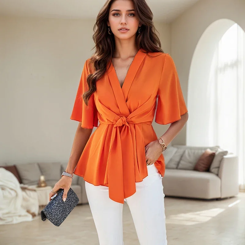 High Street Short Sleeve Shirts Vintage Solid Color V-Neck Peplum Five-point Sleeve Strap Waist Tie Slim Fitted Pollover Blouses
High Street Short Sleeve Shirts Vintage Solid Color V-Neck Peplum Five-point Sleeve Strap Waist Tie Slim Fitted Pollover Blouses
