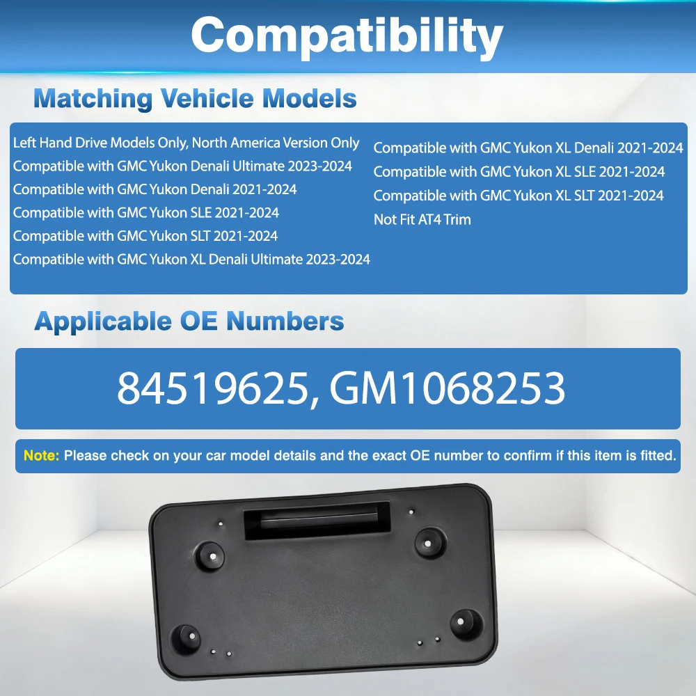 For GMC Yukon Denali SLE SLT XL 2021 2022 2023 2024 US Version Car Front License Plate Bracket Frame 84519625 GM1068253
For GMC Yukon Denali SLE SLT XL 2021 2022 2023 2024 US Version Car Front License Plate Bracket Frame 84519625 GM1068253
