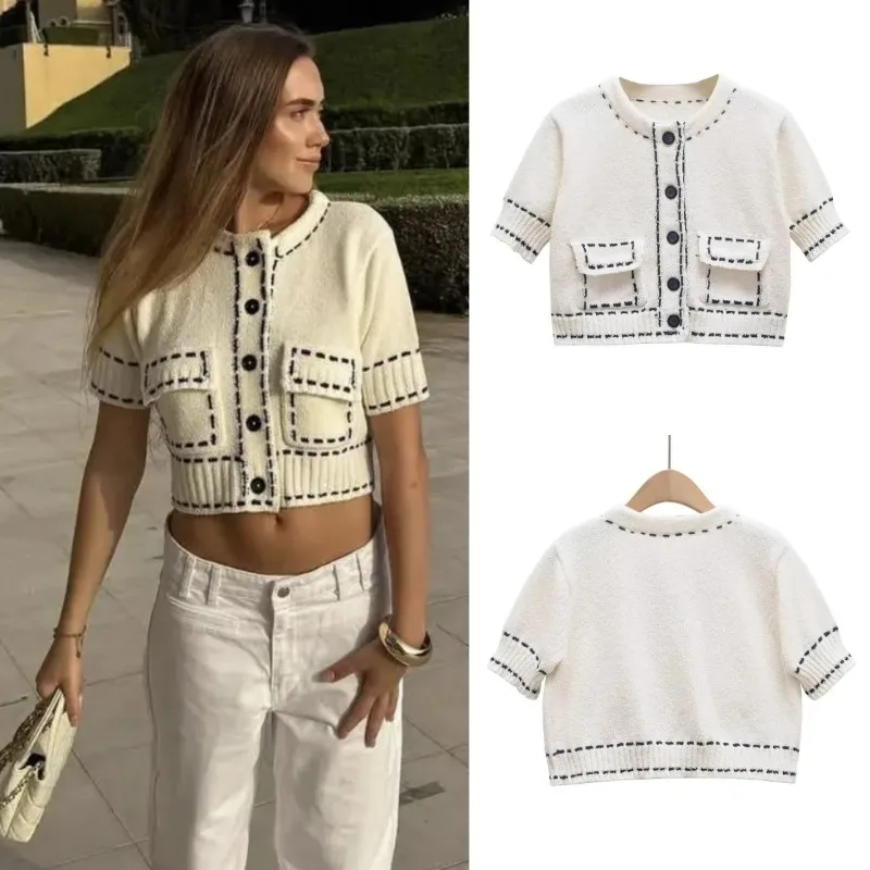 2026 Spring New women's handmade products with color contrast and thread embellished short sleeve knitted cardigan coat
2026 Spring New women's handmade products with color contrast and thread embellished short sleeve knitted cardigan coat