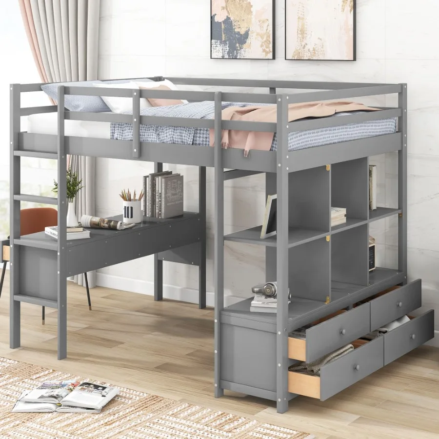Full Size Loft Bed with Builtin Desk with Two Drawers and Storage Shelves and Drawers Gray Old SKU: GX000320AAE
Full Size Loft Bed with Builtin Desk with Two Drawers and Storage Shelves and Drawers Gray Old SKU: GX000320AAE
