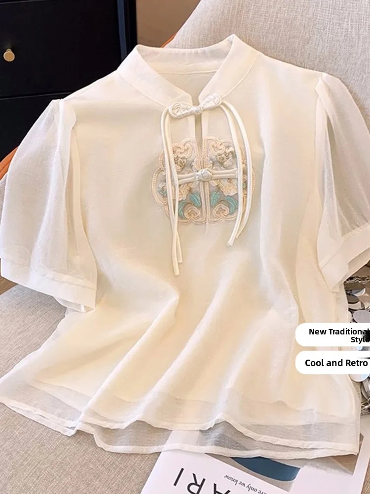 New Chinese Style Button up Stand Collar Short Sleeve Women's Shirt Summer plus Size Beautiful Small Top Silk Blouse
New Chinese Style Button up Stand Collar Short Sleeve Women's Shirt Summer plus Size Beautiful Small Top Silk Blouse