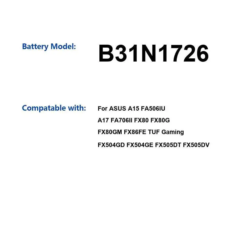 Аккумулятор B31N1726 48 Втч для Asus A15 FA506IU A17 FA706II FX80 FX80G FX80GM FX86FE Tuf Gaming FX504GD FX504GE FX505DT FX505DV
Аккумулятор B31N1726 48 Втч для Asus A15 FA506IU A17 FA706II FX80 FX80G FX80GM FX86FE Tuf Gaming FX504GD FX504GE FX505DT FX505DV