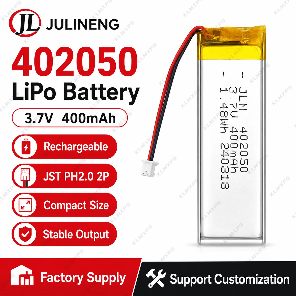 402050 3.7V 400mAh LiPo Battery Rechargeable Lithium Polymer Battery with JST PH2.0 2P Plug for DIY Electronic Devices
402050 3.7V 400mAh LiPo Battery Rechargeable Lithium Polymer Battery with JST PH2.0 2P Plug for DIY Electronic Devices