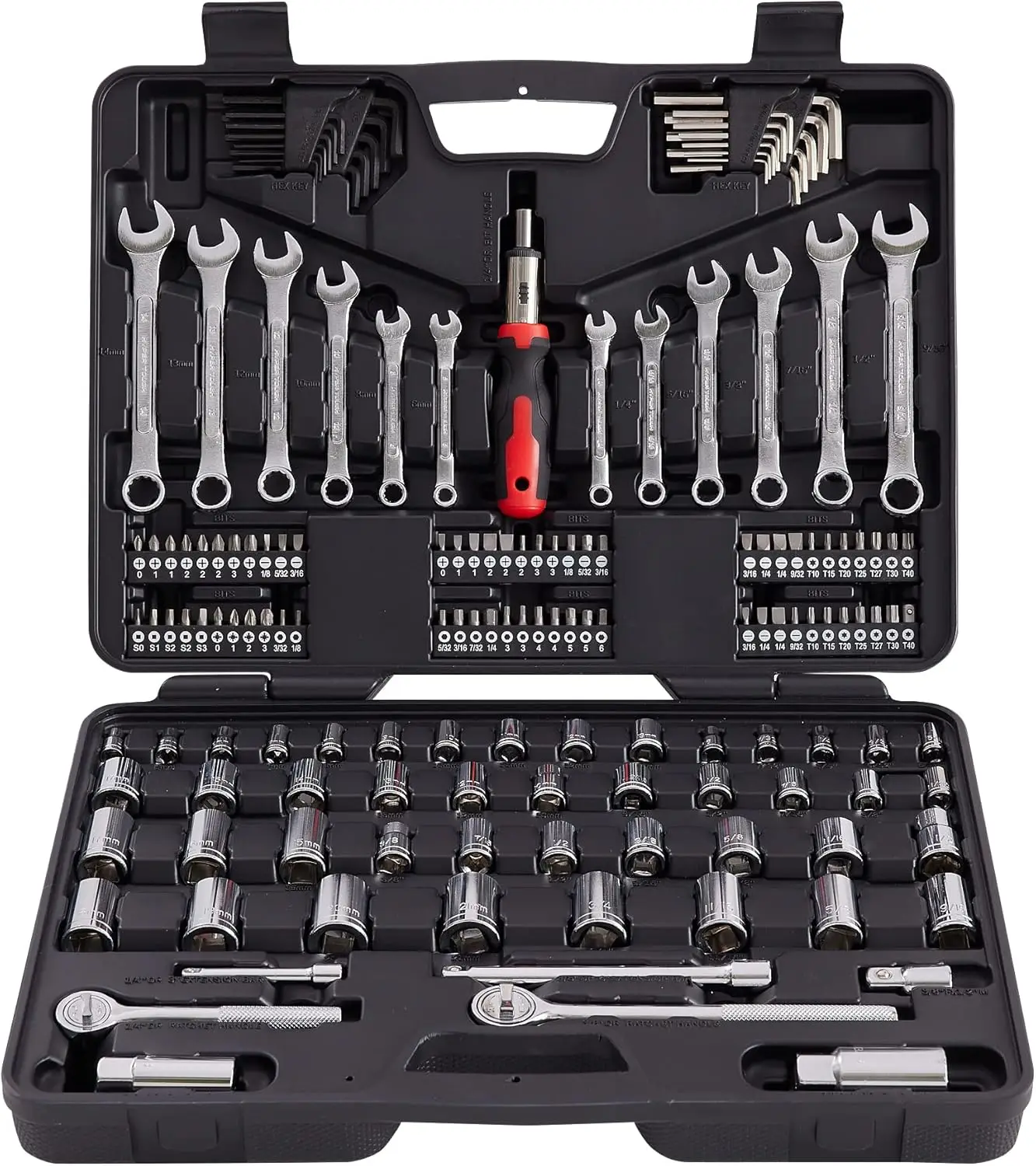161 Piece MECHMAX Mechanic Tool Socket Wrench Set 1/2, 3/8 and 1/4 inch Drive Metric and Standard, with Tool Box Case for Home
161 Piece MECHMAX Mechanic Tool Socket Wrench Set 1/2, 3/8 and 1/4 inch Drive Metric and Standard, with Tool Box Case for Home
