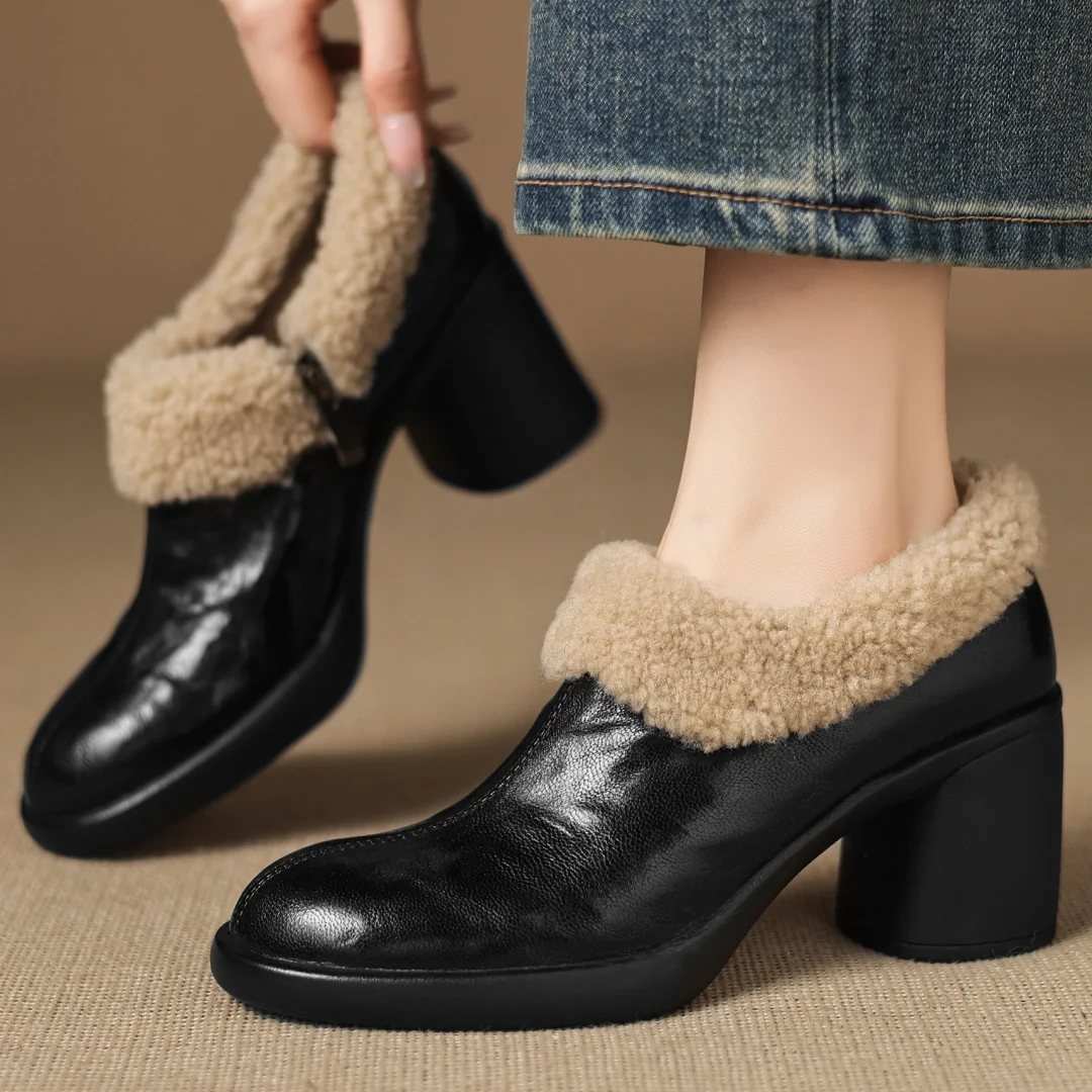 Flokathy women's genuine leather wool patchwork round toe side zip short plush inside winter warm pumps 7.5cm high heels shoes
Flokathy women's genuine leather wool patchwork round toe side zip short plush inside winter warm pumps 7.5cm high heels shoes