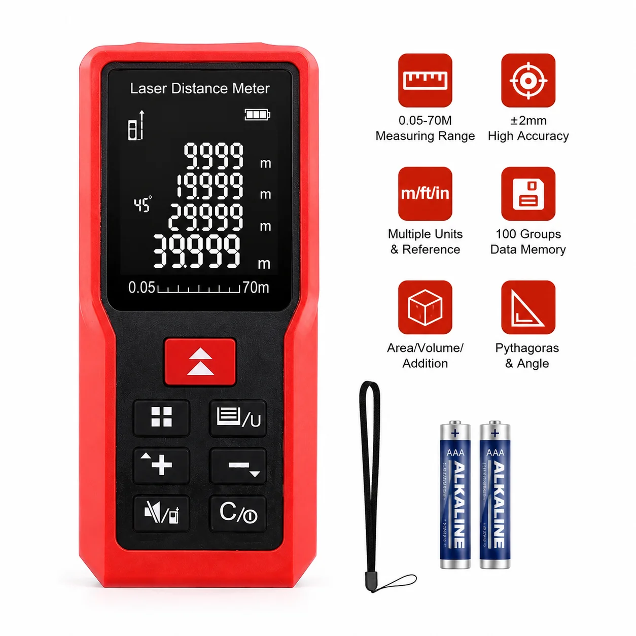 ME70 70M Laser Distance Meter Digital Laser Rangefinder Angle Area Volume Measure Tool ±2mm Accuracy
ME70 70M Laser Distance Meter Digital Laser Rangefinder Angle Area Volume Measure Tool ±2mm Accuracy