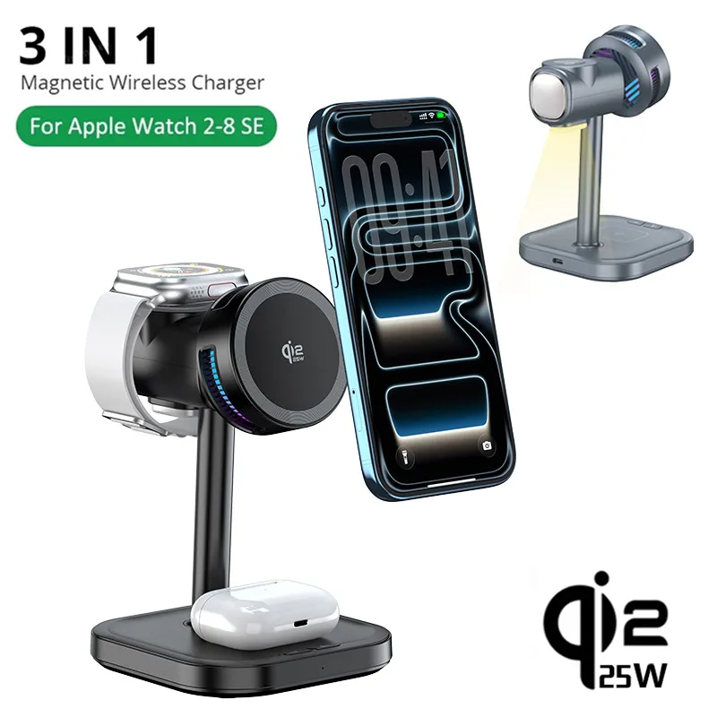 Беспроводное магнитное зарядное устройство 3-в-1 Qi2 25 Вт с воздушным охлаждением и ночником для MagSafe iPhone 17~12 Pro Max, Apple Watch 11, AirPods Pro
Беспроводное магнитное зарядное устройство 3-в-1 Qi2 25 Вт с воздушным охлаждением и ночником для MagSafe iPhone 17~12 Pro Max, Apple Watch 11, AirPods Pro