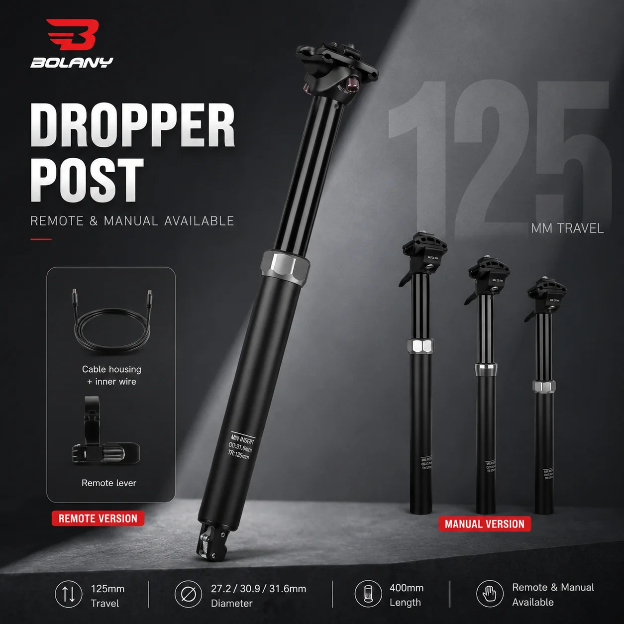 BOLANY MTB Bicycle Dropper Seatpost Remote/Manual 125mm Travel Pipe diameter 27.2/30.9/31.6mm Aluminum Alloy Bicycle Seatpost
BOLANY MTB Bicycle Dropper Seatpost Remote/Manual 125mm Travel Pipe diameter 27.2/30.9/31.6mm Aluminum Alloy Bicycle Seatpost