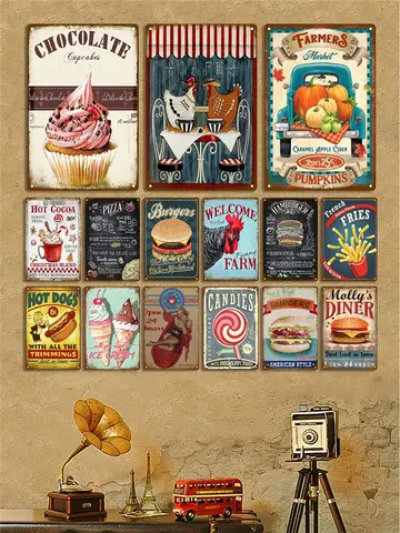 Kitchen Tin Sign Metal Sign Delicate Fast Food Plate Tin Sign Plaque Vintage Restaurant Home Bar Cafe Kitchen Metal Poster Wall Decor Accessories
