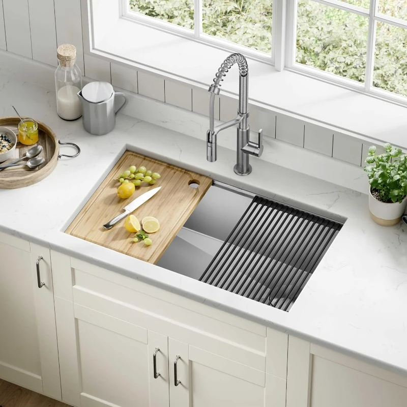 32-Inch Undermount Workstation 16 Gauge Single Bowl Stainless Steel Kitchen Sink with Accessories
32-Inch Undermount Workstation 16 Gauge Single Bowl Stainless Steel Kitchen Sink with Accessories