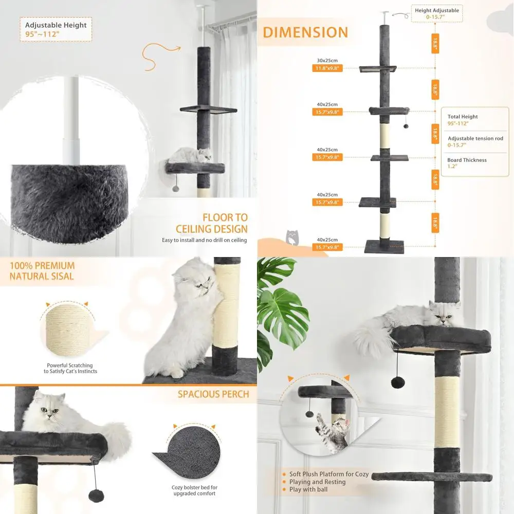 Adjustable Height 98-110 5-Tier Cat Tower with Cozy Bed, Platforms, and Sisal Posts - Gray
Adjustable Height 98-110 5-Tier Cat Tower with Cozy Bed, Platforms, and Sisal Posts - Gray