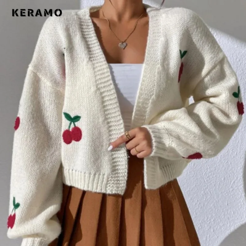 Casual Style V-Neck Knitting Long Sleeve Cardigans For Women Sweet Fruits Printting Female Fashion Chic White Knitted Sweater
Casual Style V-Neck Knitting Long Sleeve Cardigans For Women Sweet Fruits Printting Female Fashion Chic White Knitted Sweater