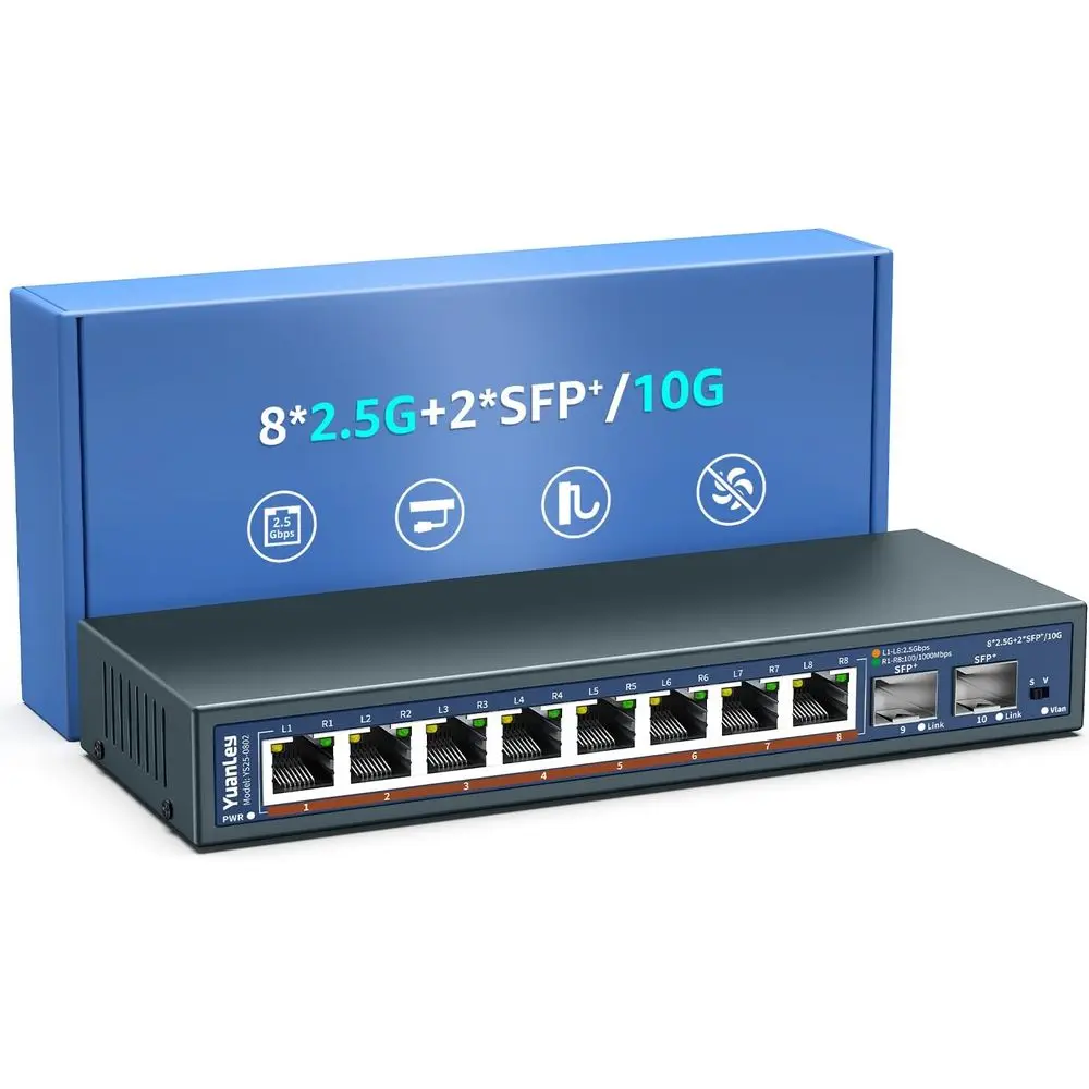 10-Port 2.5Gbps Unmanaged Ethernet Switch with 8x 2.5GBase-T and 2x 10G SFP+ Ports, VLAN Support, Ideal for Network Switches, Wi
10-Port 2.5Gbps Unmanaged Ethernet Switch with 8x 2.5GBase-T and 2x 10G SFP+ Ports, VLAN Support, Ideal for Network Switches, Wi
