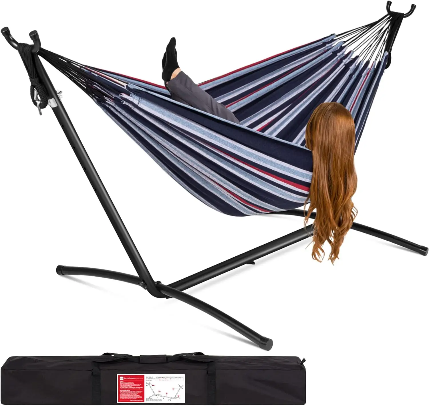 Double Hammock with Steel Stand, Indoor Outdoor Brazilian-Style Cotton Bed w/Carrying Bag, 2-Person Capacity - Abyss
Double Hammock with Steel Stand, Indoor Outdoor Brazilian-Style Cotton Bed w/Carrying Bag, 2-Person Capacity - Abyss