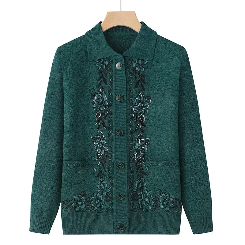 Elderly Women Lapel Floral Embroidery Rhinestone Knit Cardigan Long Sleeve Loose Grandma Mother Spring Thin Sweater Coat Pockets
Elderly Women Lapel Floral Embroidery Rhinestone Knit Cardigan Long Sleeve Loose Grandma Mother Spring Thin Sweater Coat Pockets