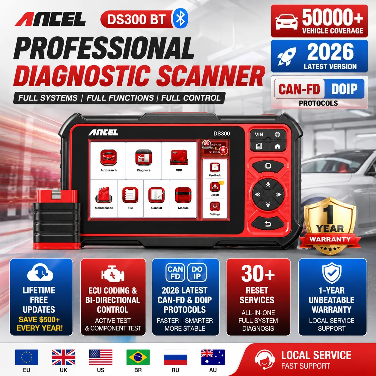 ANCEL 2026 New DS300BT CAN FD 30+ Resets Bidirectional Full System OBD2 Diagnostic Scanner Wireless Bluetooth Automotive Tool
ANCEL 2026 New DS300BT CAN FD 30+ Resets Bidirectional Full System OBD2 Diagnostic Scanner Wireless Bluetooth Automotive Tool