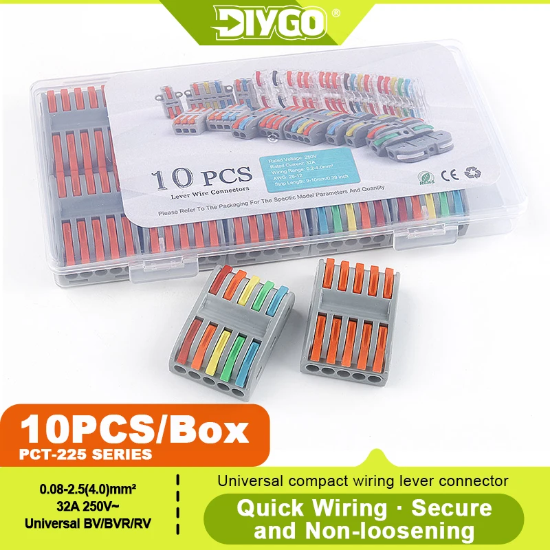 DIY GO 10PCS PCT-225 5 in 5 Out Lever Nut Compact Splicing Wire Connector with Case 5 Circuit Quick Push-in Electrical Terminals
DIY GO 10PCS PCT-225 5 in 5 Out Lever Nut Compact Splicing Wire Connector with Case 5 Circuit Quick Push-in Electrical Terminals