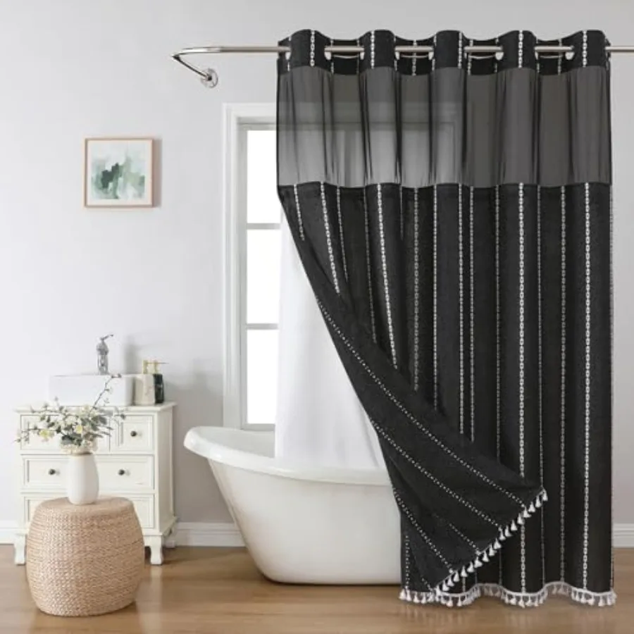 No Hook Long Shower Curtain Set with Snap-in Fabric Liner, Linen Textured Thick Striped Fabric with Tassels, Boho Farmhouse Rus
No Hook Long Shower Curtain Set with Snap-in Fabric Liner, Linen Textured Thick Striped Fabric with Tassels, Boho Farmhouse Rus