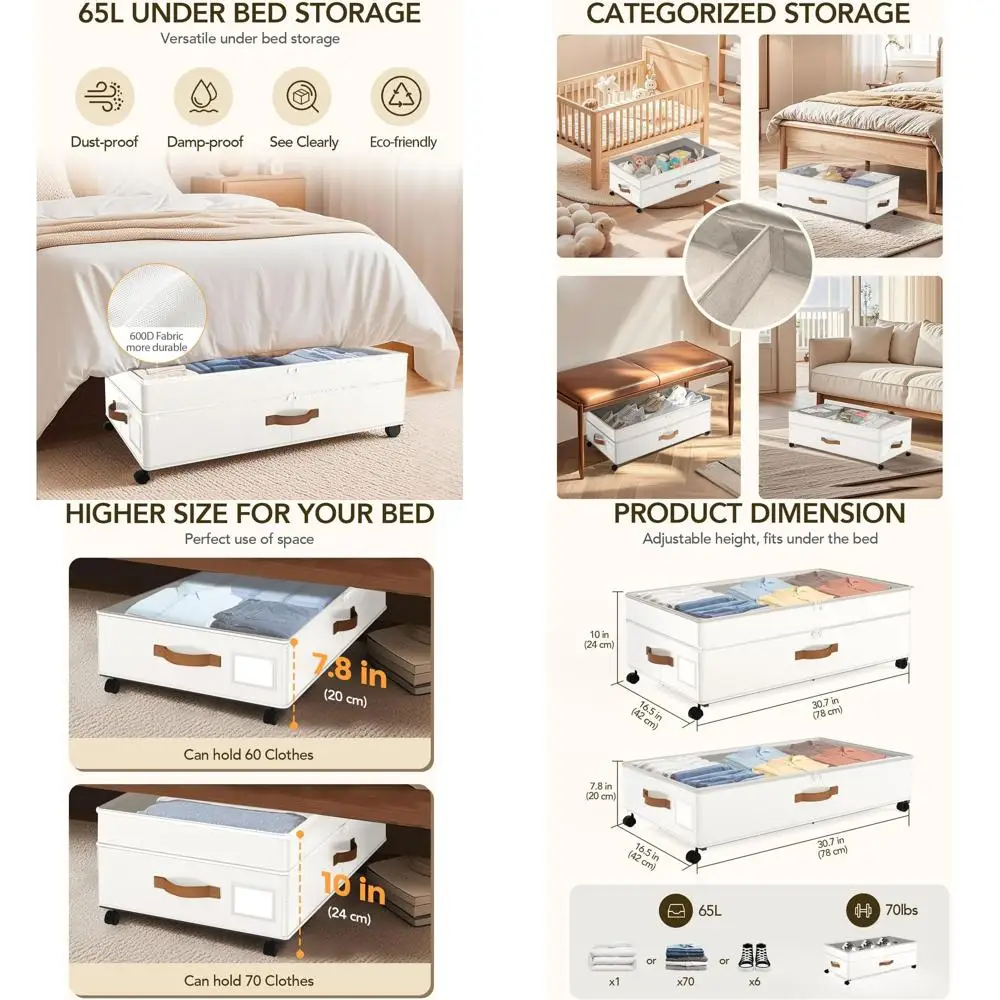 Large 65L Underbed Storage Bin with Wheels, Ideal for Shoes, Clothes, and Blankets - White
Large 65L Underbed Storage Bin with Wheels, Ideal for Shoes, Clothes, and Blankets - White