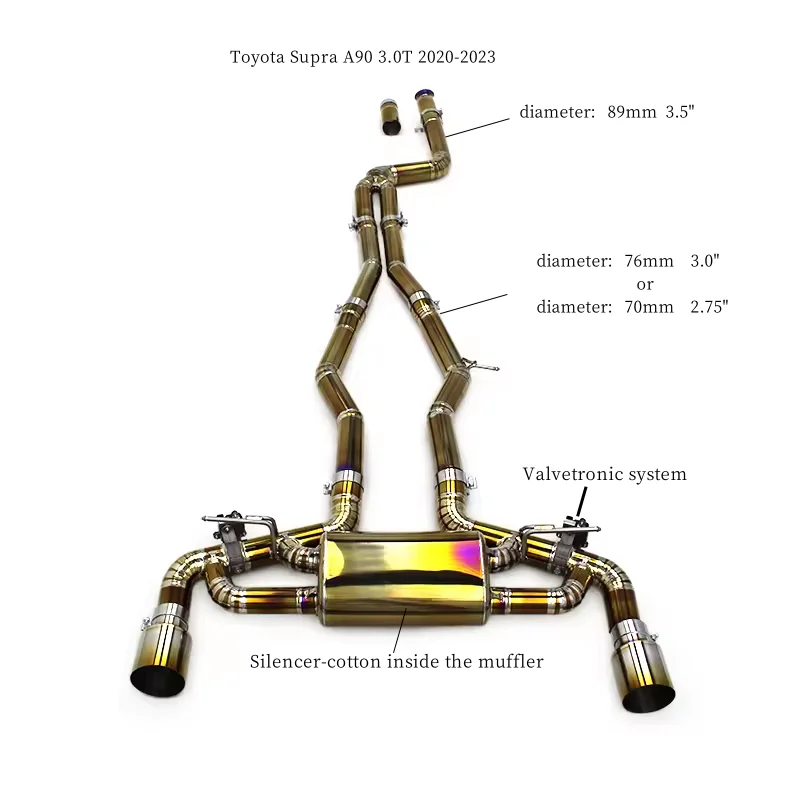 Custom Valvetronic Exhaust Muffler for Toyota Supra A90 3.0T 2020-2023 Titanium Catback Exhaust System With Remote Control
Custom Valvetronic Exhaust Muffler for Toyota Supra A90 3.0T 2020-2023 Titanium Catback Exhaust System With Remote Control
