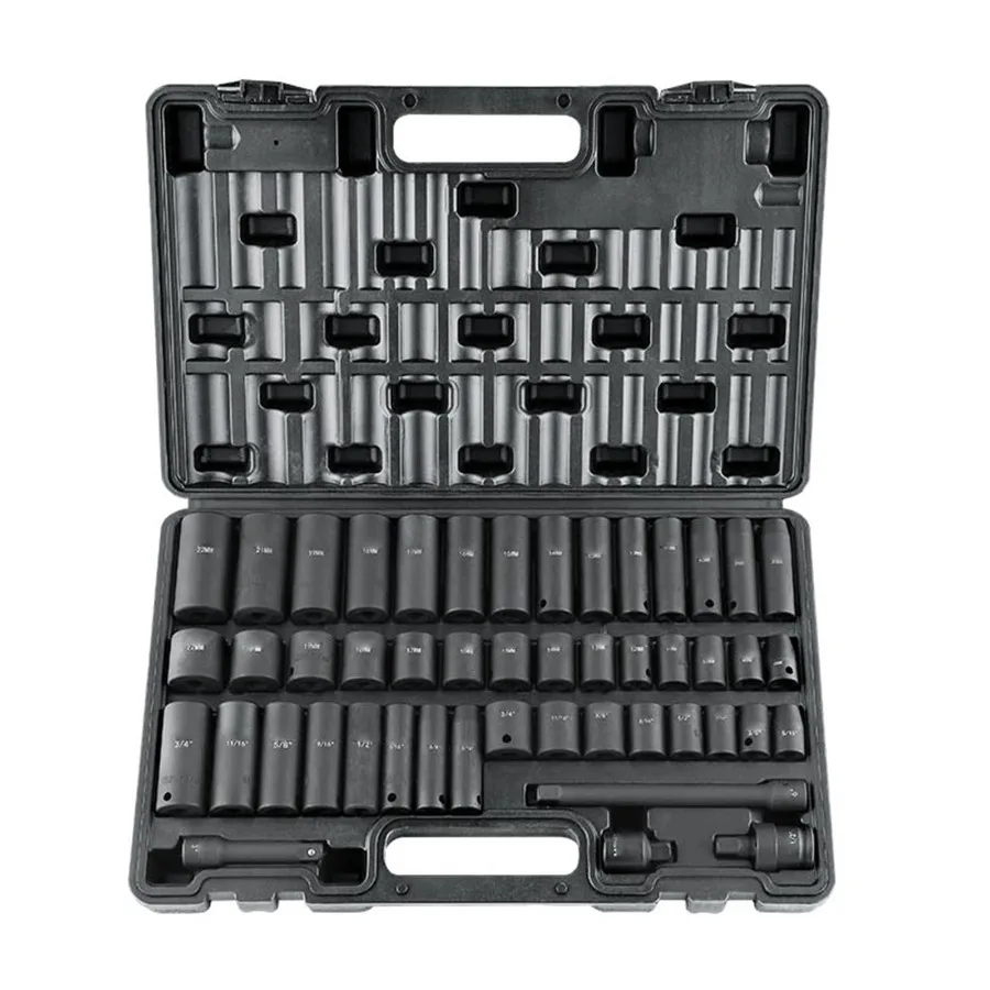 48-Piece 3/8 Drive Impact Socket Set in Black Chrome SAE 5/16-3/4 Metric (8-22mm), 6-Point Cr-V Steel, Includes Extension Bar,
48-Piece 3/8 Drive Impact Socket Set in Black Chrome SAE 5/16-3/4 Metric (8-22mm), 6-Point Cr-V Steel, Includes Extension Bar,