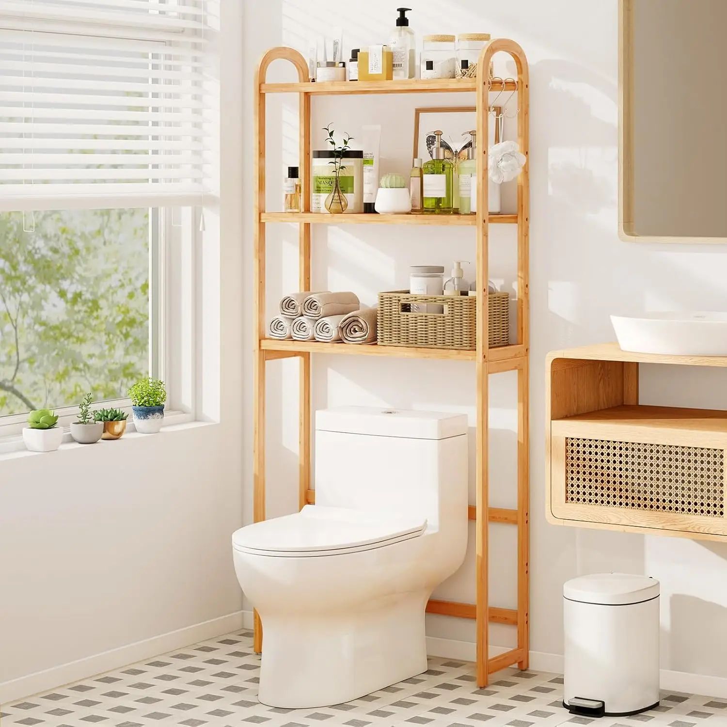 Bamboo Over The Toilet Storage, 3-Tier Over Toilet Bathroom Organizer with 3 Hooks & Adjustable Shelves, Freestanding Space S
Bamboo Over The Toilet Storage, 3-Tier Over Toilet Bathroom Organizer with 3 Hooks & Adjustable Shelves, Freestanding Space S