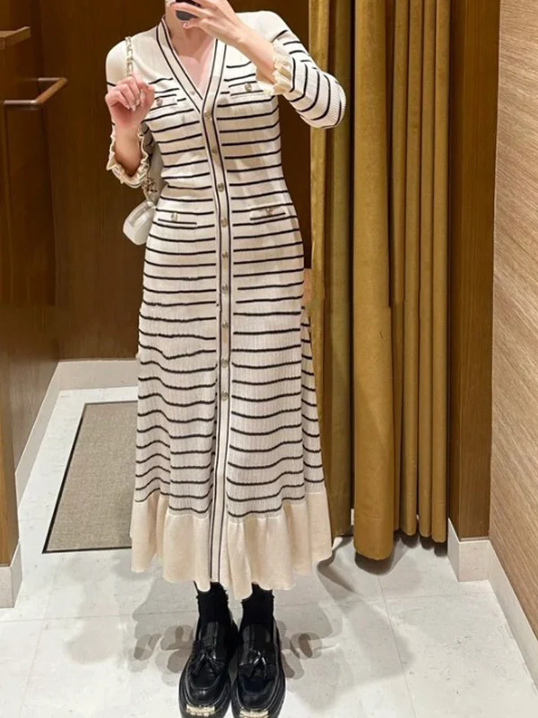 Ele V-ne Ruffle Sve Slimming Striped Knitted Long Dr High Waist A-line Casual Sle Ladies' Single-piece Wool Blend
Ele V-ne Ruffle Sve Slimming Striped Knitted Long Dr High Waist A-line Casual Sle Ladies' Single-piece Wool Blend