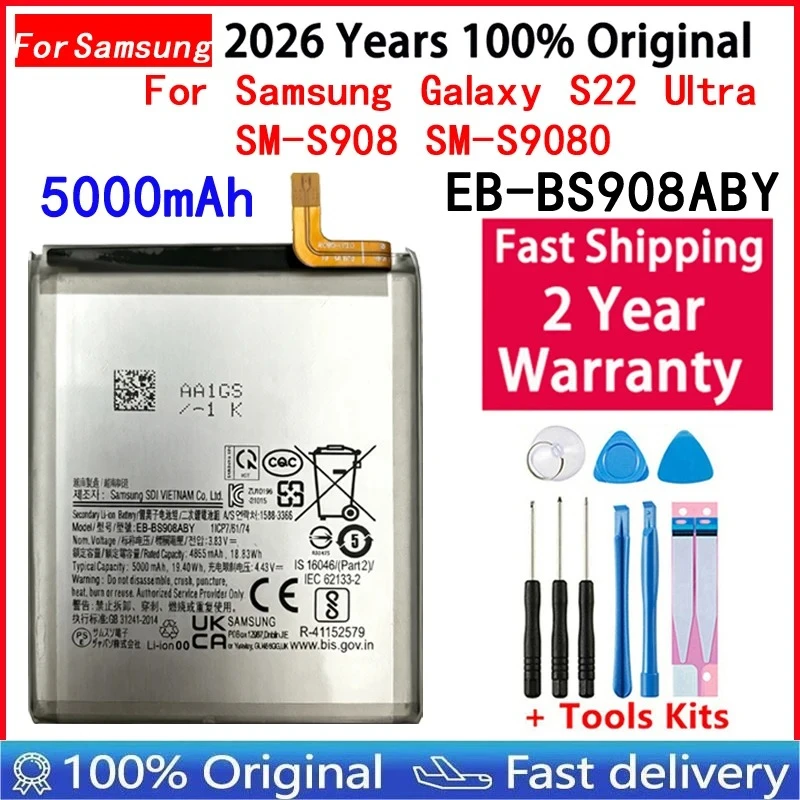 New EB-BS908ABY Battery 5000mAh For Samsung Galaxy S22 Ultra S22Ultra SM-S908 SM-S9080 Mobile Phone+free Toos
New EB-BS908ABY Battery 5000mAh For Samsung Galaxy S22 Ultra S22Ultra SM-S908 SM-S9080 Mobile Phone+free Toos