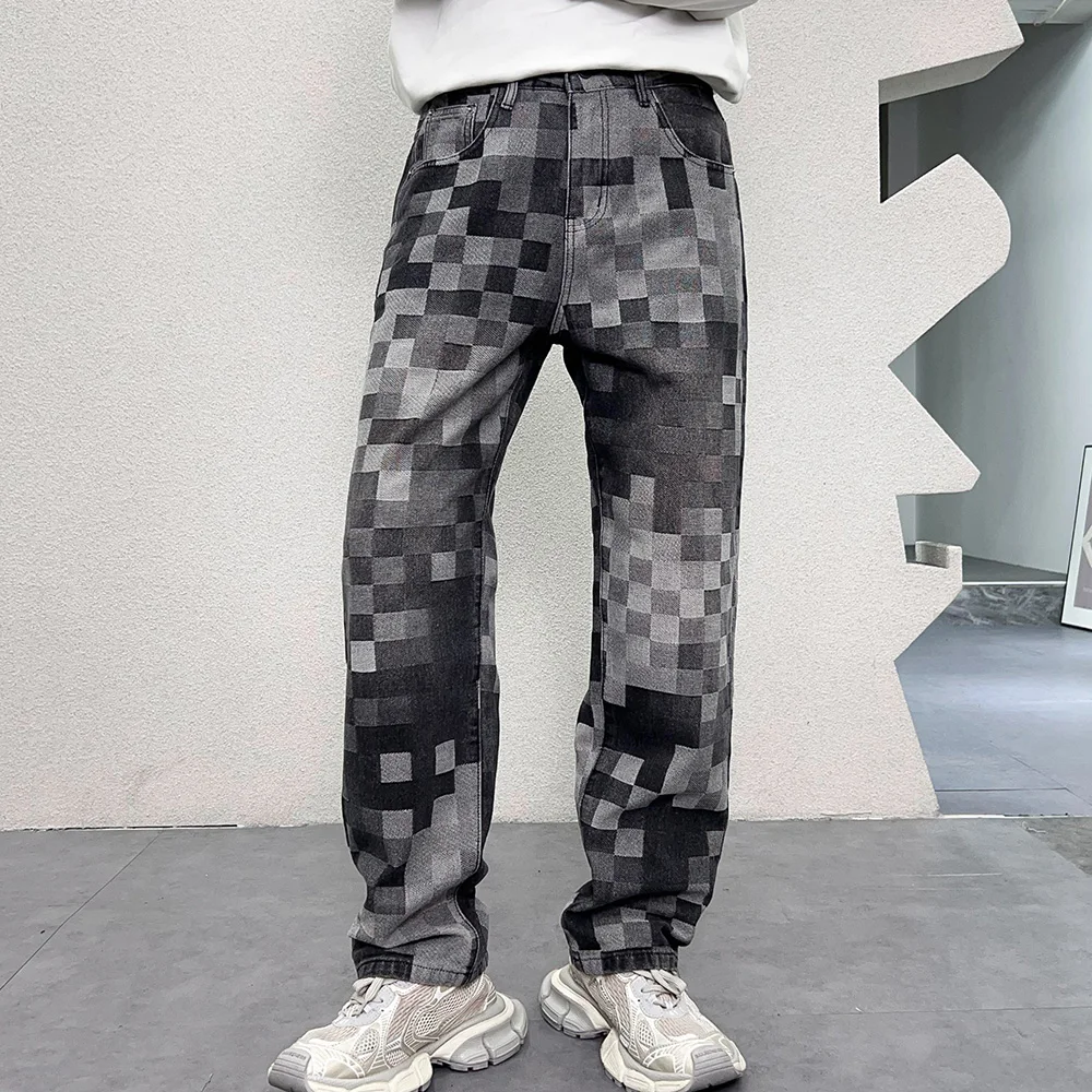 Men Check Jacquard Weave Denim Jeans Plaid Pattern Cotton Pants Loose Straight Wide Leg Trousers Black Blue
Men Check Jacquard Weave Denim Jeans Plaid Pattern Cotton Pants Loose Straight Wide Leg Trousers Black Blue