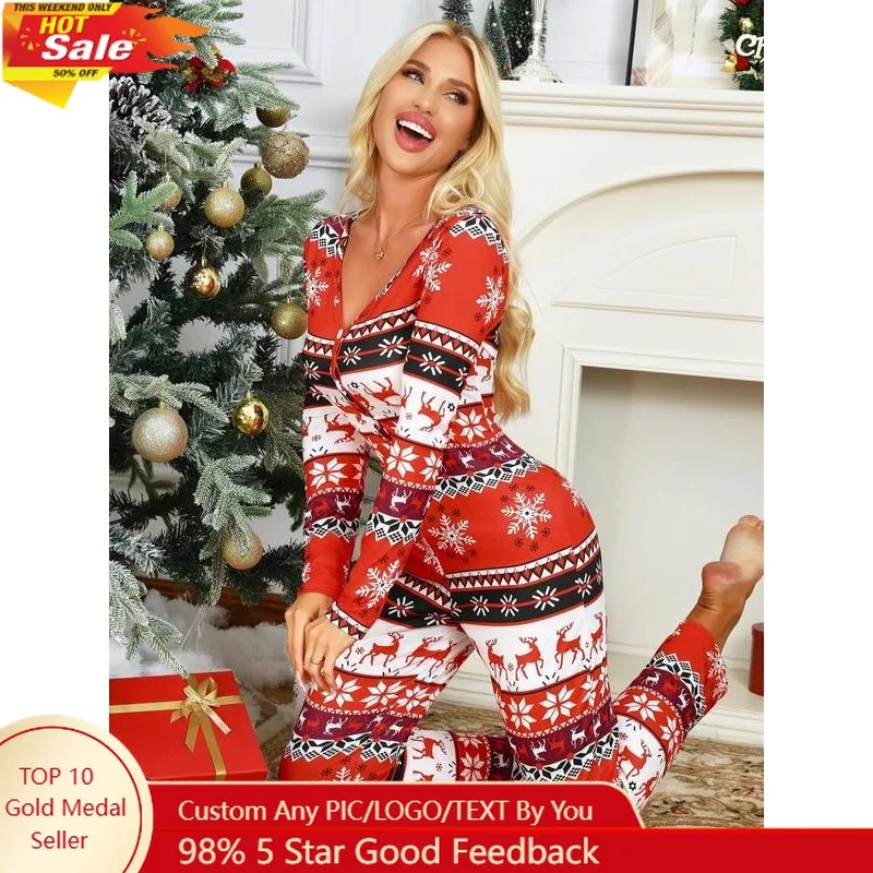 Women's Christmas Themed Print Button Front Lounge Jumpsuit, Casual Comfy Long Sleeve V Neck Jumpsuit, Ladies Sleepwear for Fall
Women's Christmas Themed Print Button Front Lounge Jumpsuit, Casual Comfy Long Sleeve V Neck Jumpsuit, Ladies Sleepwear for Fall