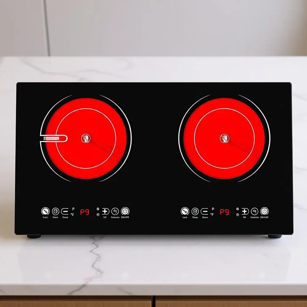 2 Burner Electric Cooktop, 110V 2400W with Touch Control, 9 Heating Levels, Timer & Kid Safety
2 Burner Electric Cooktop, 110V 2400W with Touch Control, 9 Heating Levels, Timer & Kid Safety