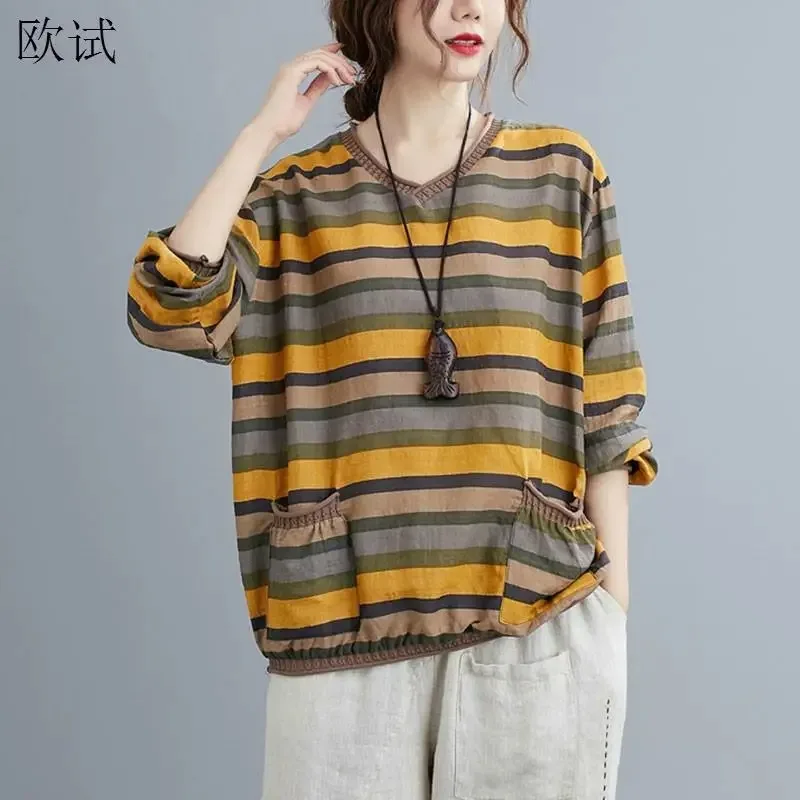 Oversized Striped Cotton Linen T Shirt Women Long Sleeve T-shirts New 2023 Autumn Tshirt Vintage Femme Loose Casual Tops Tees
Oversized Striped Cotton Linen T Shirt Women Long Sleeve T-shirts New 2023 Autumn Tshirt Vintage Femme Loose Casual Tops Tees