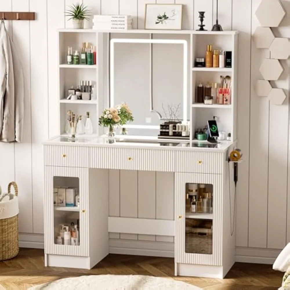 Vanity Desk with Mirror and Lights, Modern Makeup Vanity with Glass Top, Fluted Dressing Table Vanity Set with 3 Drawers,
Vanity Desk with Mirror and Lights, Modern Makeup Vanity with Glass Top, Fluted Dressing Table Vanity Set with 3 Drawers,