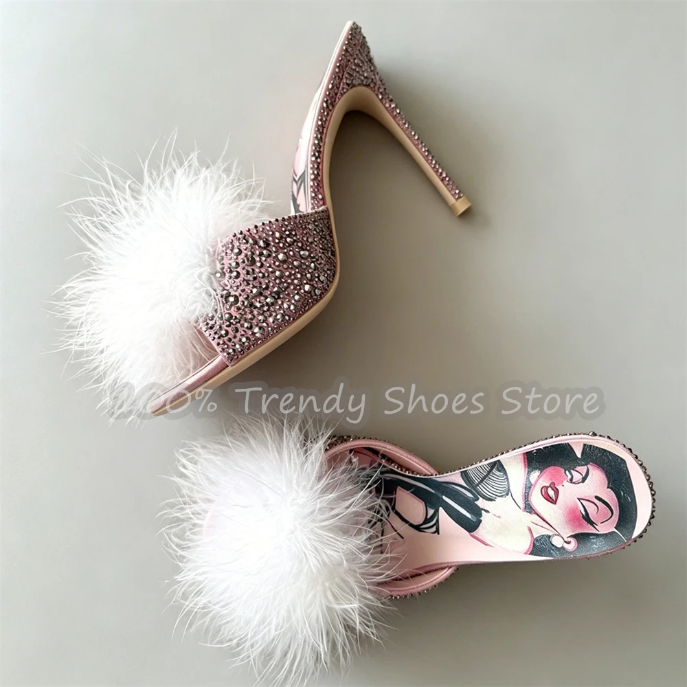 Luxury Rhinestone Stiletto High Heel WOmen Mules Cartoon Print Insole Feather Open Toe Slippers Sexy Wedding Dress Party Shoes
Luxury Rhinestone Stiletto High Heel WOmen Mules Cartoon Print Insole Feather Open Toe Slippers Sexy Wedding Dress Party Shoes