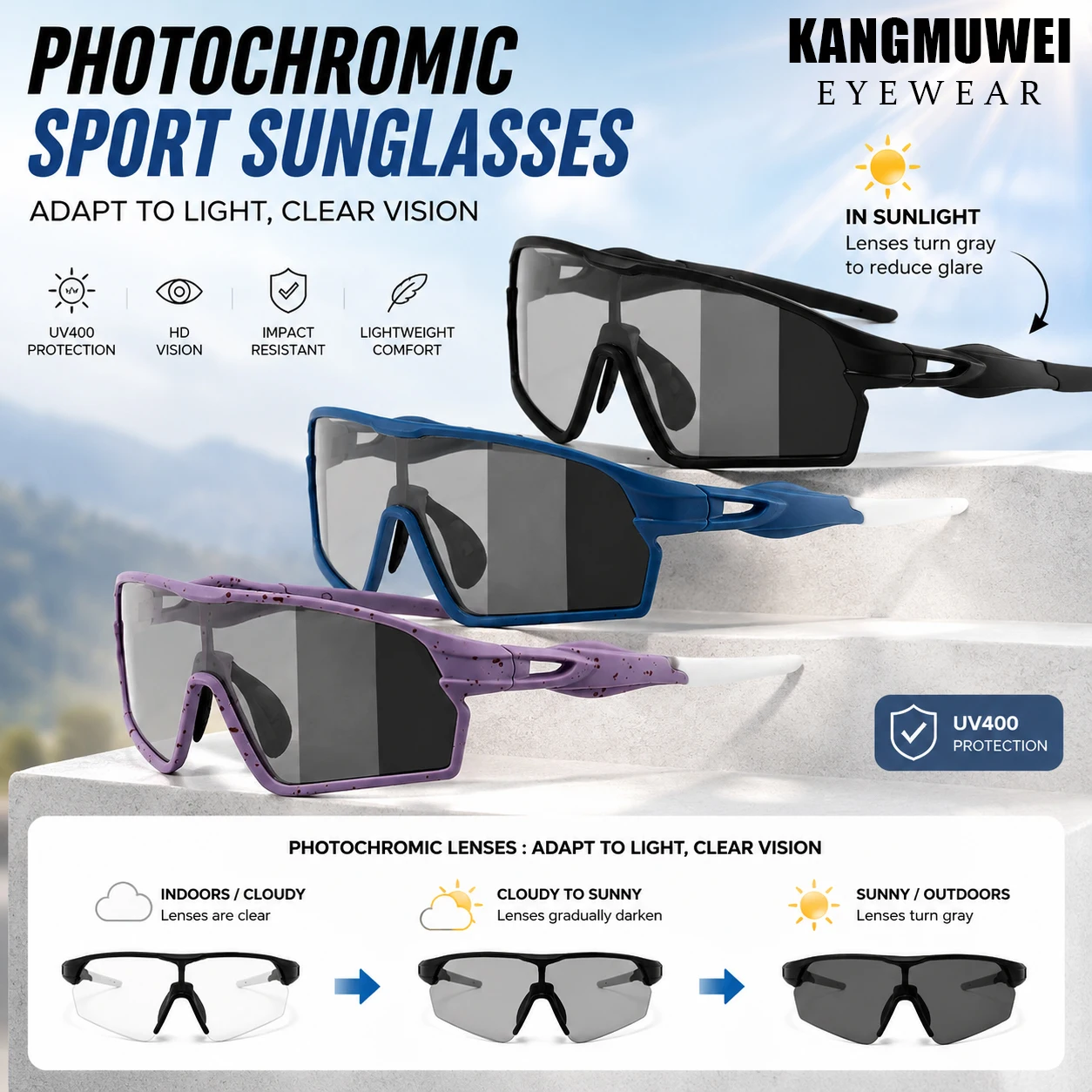 Kangmuwei Unisex Fashionable Photochromic Sunglasses, Lightweight and Comfortable for Outdoor Activities, a Must-Have for Cycling and Running
Kangmuwei Unisex Fashionable Photochromic Sunglasses, Lightweight and Comfortable for Outdoor Activities, a Must-Have for Cycling and Running
