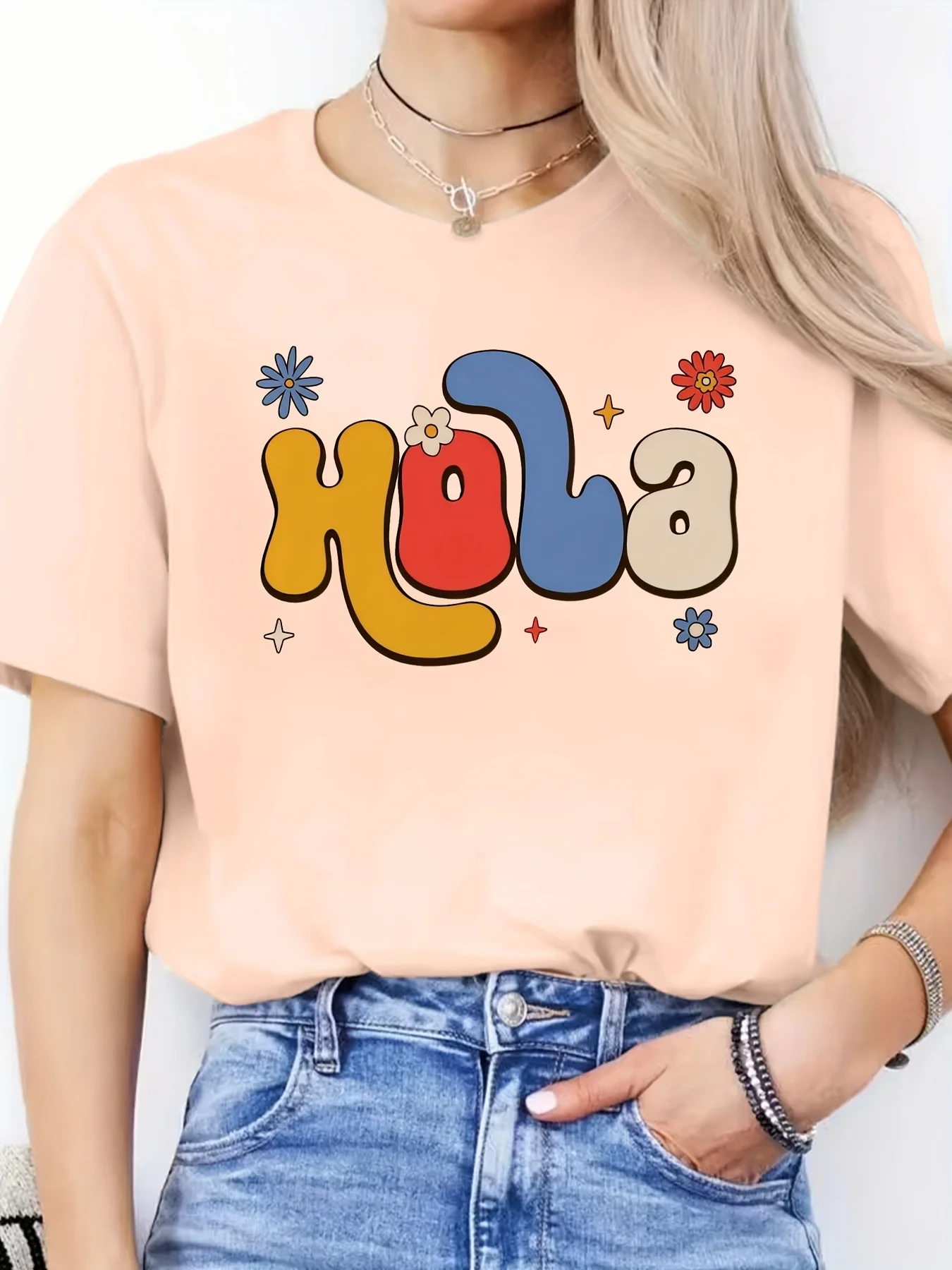 Spanish Alphabet Print Casual Spring/Summer Knit T-Shirt for Women - Crew Neck, Polyester, Medium Stretch
Spanish Alphabet Print Casual Spring/Summer Knit T-Shirt for Women - Crew Neck, Polyester, Medium Stretch