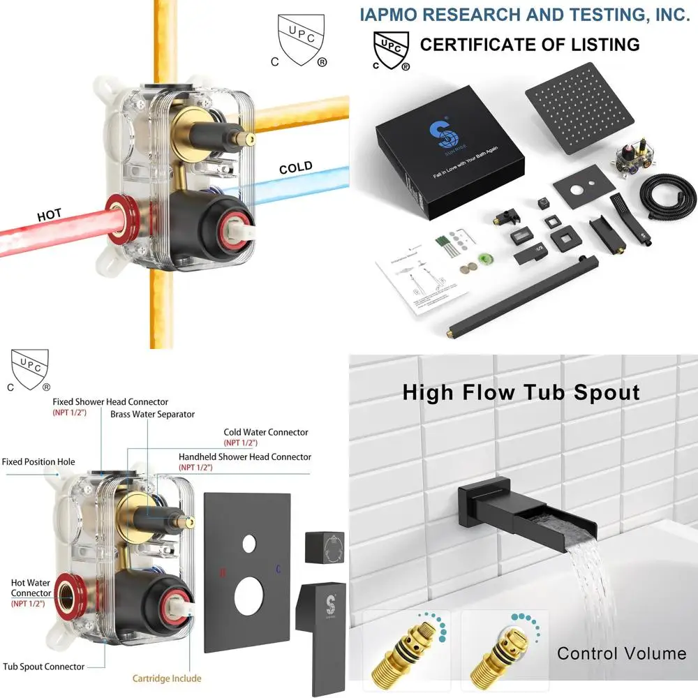 12-Inch All-Metal Bathtub Shower System with 1.8 GPM Square Showerhead and Handheld, Matte Black
12-Inch All-Metal Bathtub Shower System with 1.8 GPM Square Showerhead and Handheld, Matte Black