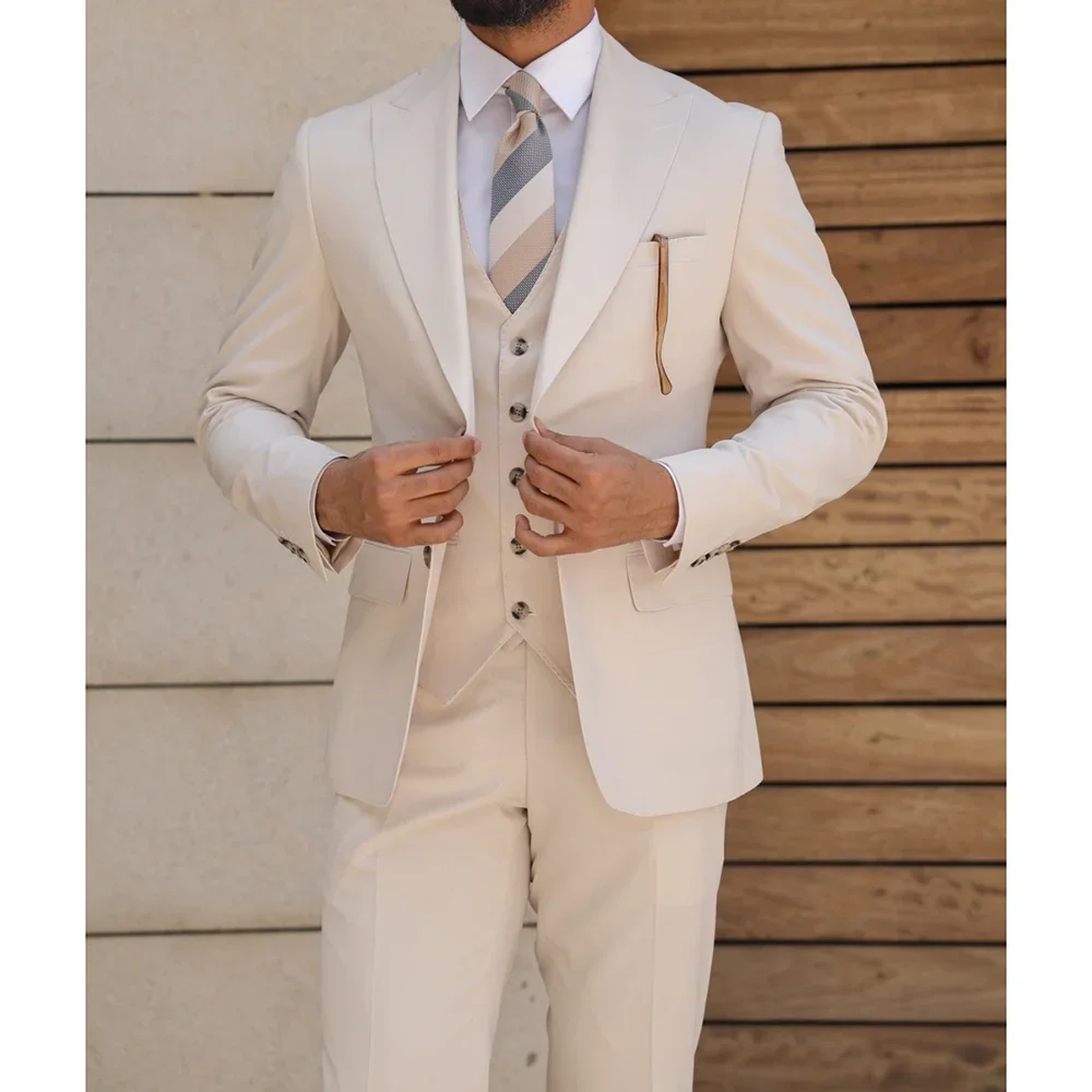 Beige Peak Lapel Men Suits 3 Piece (Blazer+Vest+Pants) Elegant Single Breasted Wedding Tuxedo Slim Smart Casual Male Suit
Beige Peak Lapel Men Suits 3 Piece (Blazer+Vest+Pants) Elegant Single Breasted Wedding Tuxedo Slim Smart Casual Male Suit