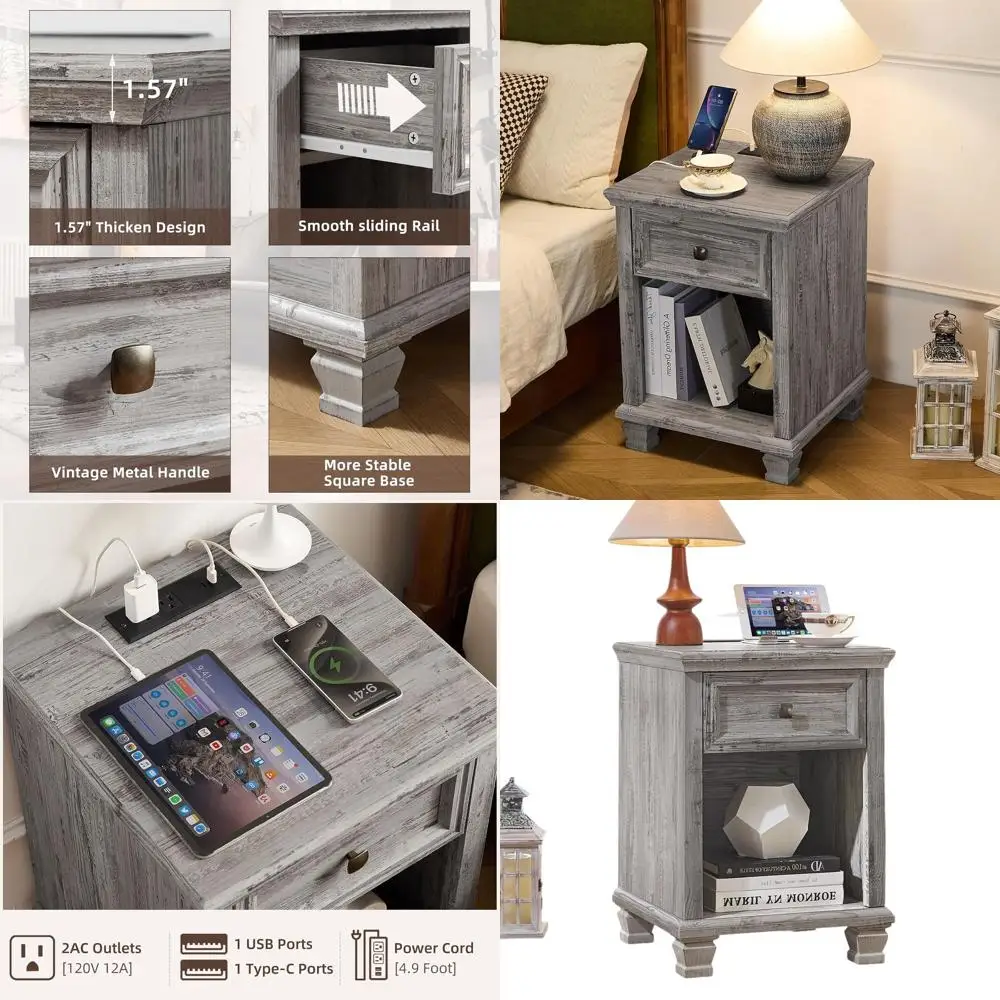 Прикроватная тумбочка-зарядная станция в деревенском стиле для спальни или гостиной, серая, с открытой полкой
Прикроватная тумбочка-зарядная станция в деревенском стиле для спальни или гостиной, серая, с открытой полкой
