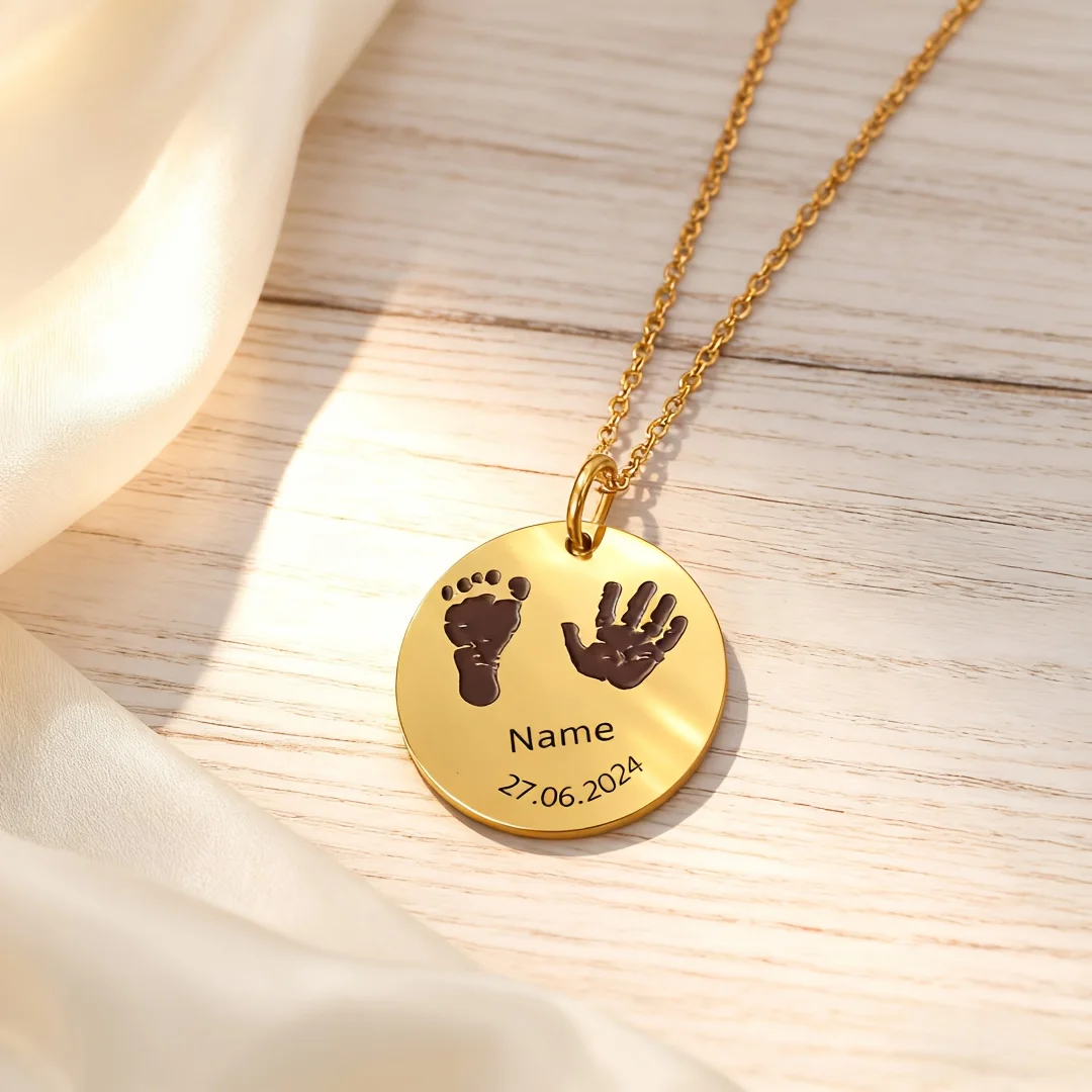 Personalized Laser Engraved Hand Foot Print Necklace Gold Plated Stainless Steel Custom Name Date Geometric Memory Jewelry Gift
Personalized Laser Engraved Hand Foot Print Necklace Gold Plated Stainless Steel Custom Name Date Geometric Memory Jewelry Gift