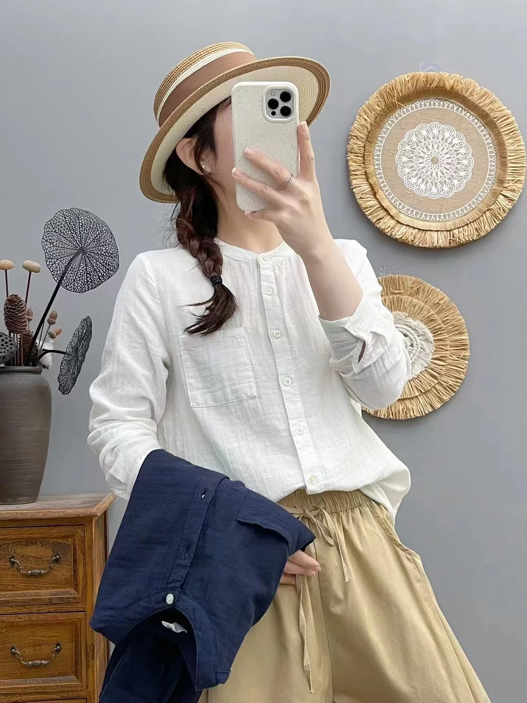 100% Cotton Yarn White Blouses for Women 2025 Japan Style Stand Collar Long Sleeve Solid Shirts y2k Vintage Top
100% Cotton Yarn White Blouses for Women 2025 Japan Style Stand Collar Long Sleeve Solid Shirts y2k Vintage Top