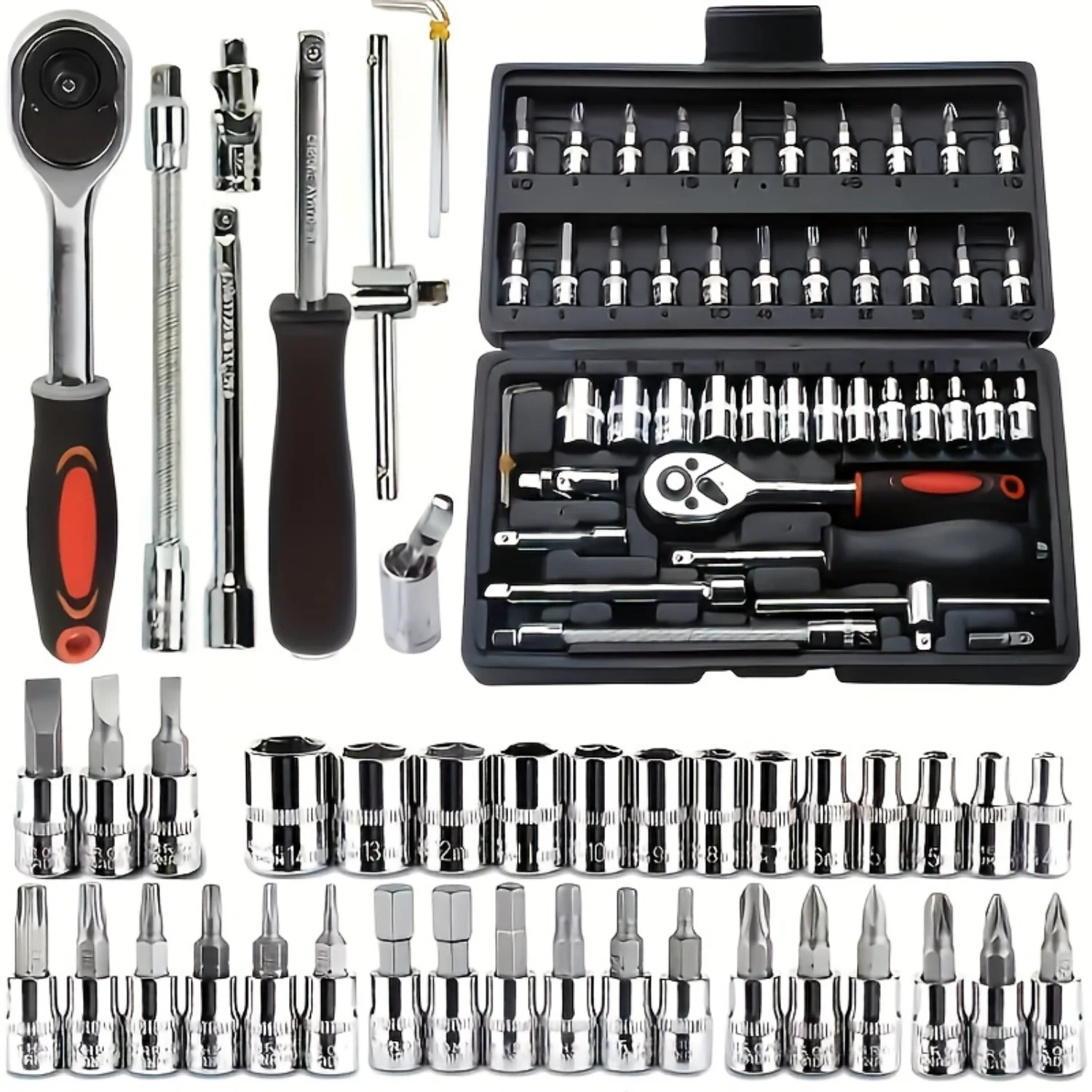 46pcs Socket Wrench Set with Ratchet Sleeve Assembly Tool for Household Repairs, Includes Drill Socket, Extension Rod, and Stora
46pcs Socket Wrench Set with Ratchet Sleeve Assembly Tool for Household Repairs, Includes Drill Socket, Extension Rod, and Stora