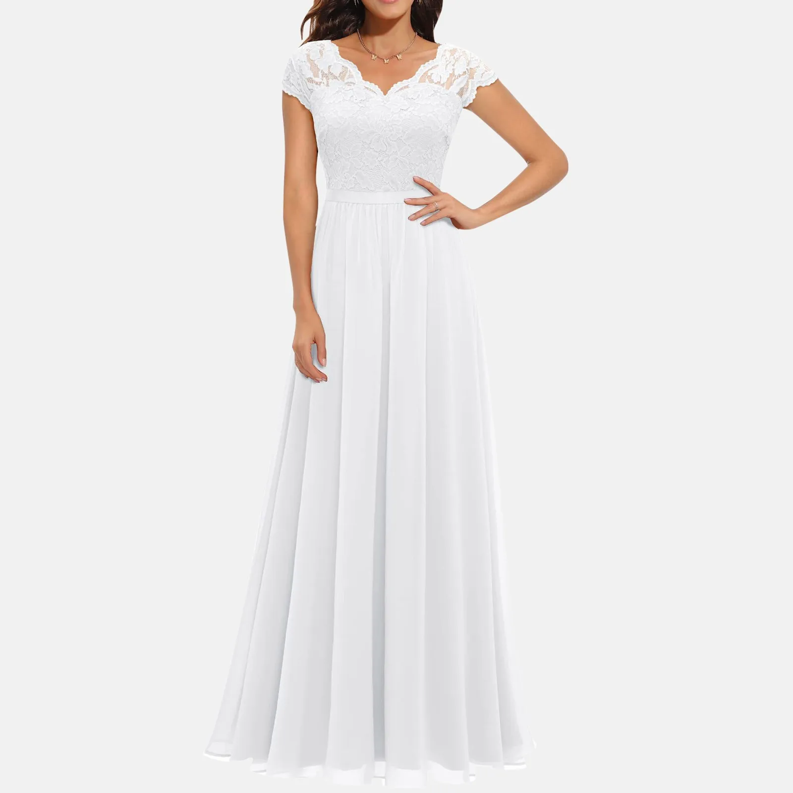 Ladies Elegant Long Dress Lace Stitching Long High Waist Short Sleeve V Neck Gown Slim Dresses Chiffon Dress Wedding Party Prom
Ladies Elegant Long Dress Lace Stitching Long High Waist Short Sleeve V Neck Gown Slim Dresses Chiffon Dress Wedding Party Prom