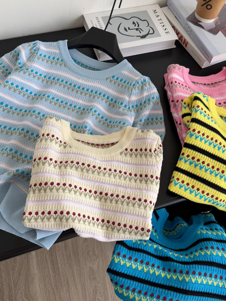 Lazy Style Striped round Neck Knitted Sweater Women Summer Open Cardigan V-Neck Color Block Versatile Slimming Age-Defying Top
Lazy Style Striped round Neck Knitted Sweater Women Summer Open Cardigan V-Neck Color Block Versatile Slimming Age-Defying Top