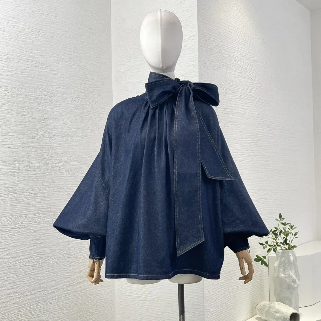 Cotton 2024 New Navy Blue Jeans Long Sleeve Blouse Casual Collection High Quality Full Lantern Sleeve Bow Tops for Women
Cotton 2024 New Navy Blue Jeans Long Sleeve Blouse Casual Collection High Quality Full Lantern Sleeve Bow Tops for Women