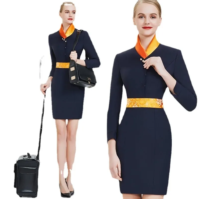 New Hot Sale Airlines Flight Stewardess Uniform Professional Suit Female Office Work Etiquette Clothes Navy Blue Dress
New Hot Sale Airlines Flight Stewardess Uniform Professional Suit Female Office Work Etiquette Clothes Navy Blue Dress